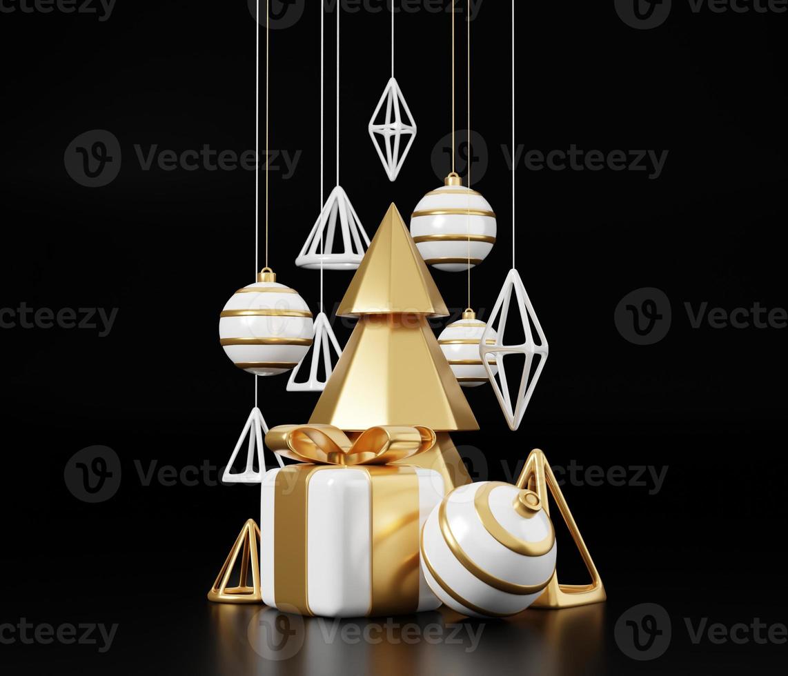 banner di rendering 3d di Natale di lusso o biglietto di auguri. moderno minimal nuovo anno e natale oro e decorazioni nere con albero, caramelle, palla, confezione regalo su sfondo nero foto