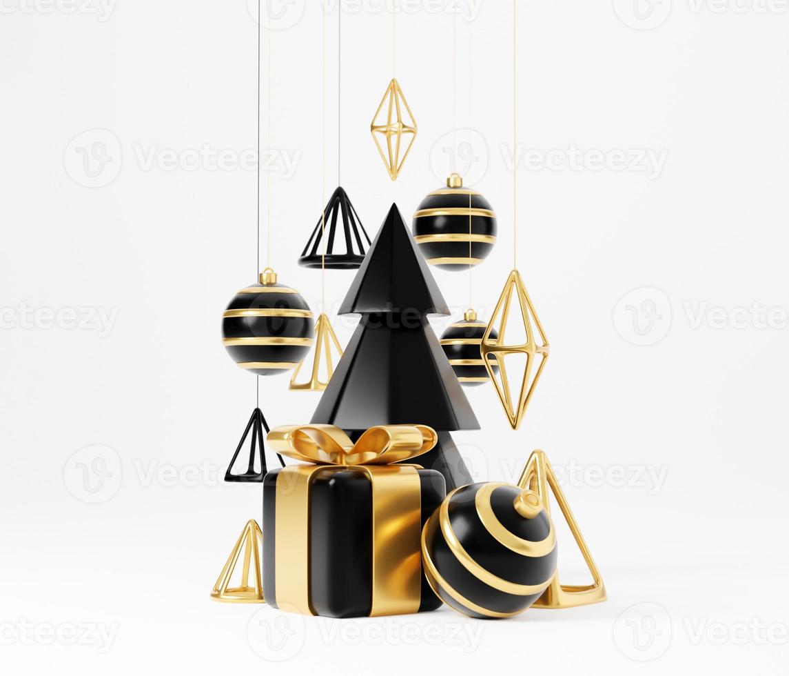 banner di rendering 3d di Natale di lusso o biglietto di auguri. moderno minimal nuovo anno e natale oro e decorazioni nere con albero, caramelle, palla, confezione regalo su sfondo nero foto