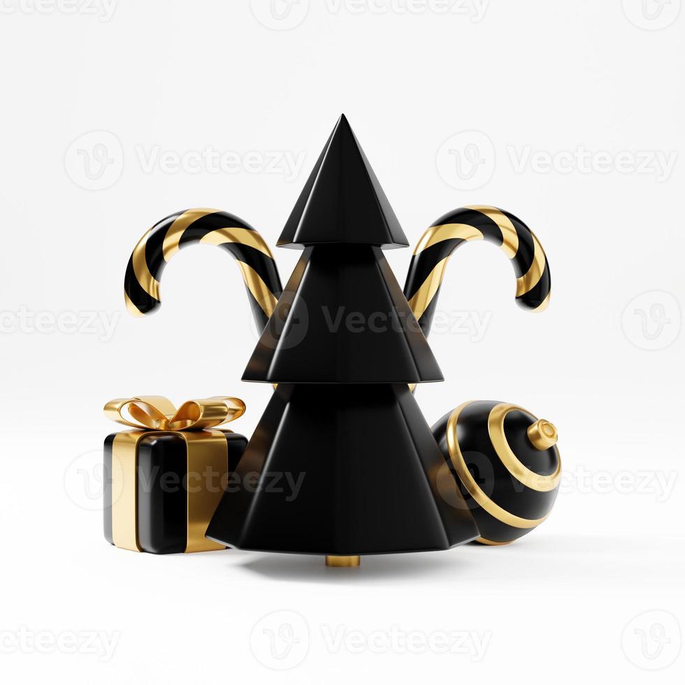 banner di rendering 3d di Natale di lusso o biglietto di auguri. moderno minimal nuovo anno e natale oro e decorazioni nere con albero, caramelle, palla, confezione regalo su sfondo nero foto