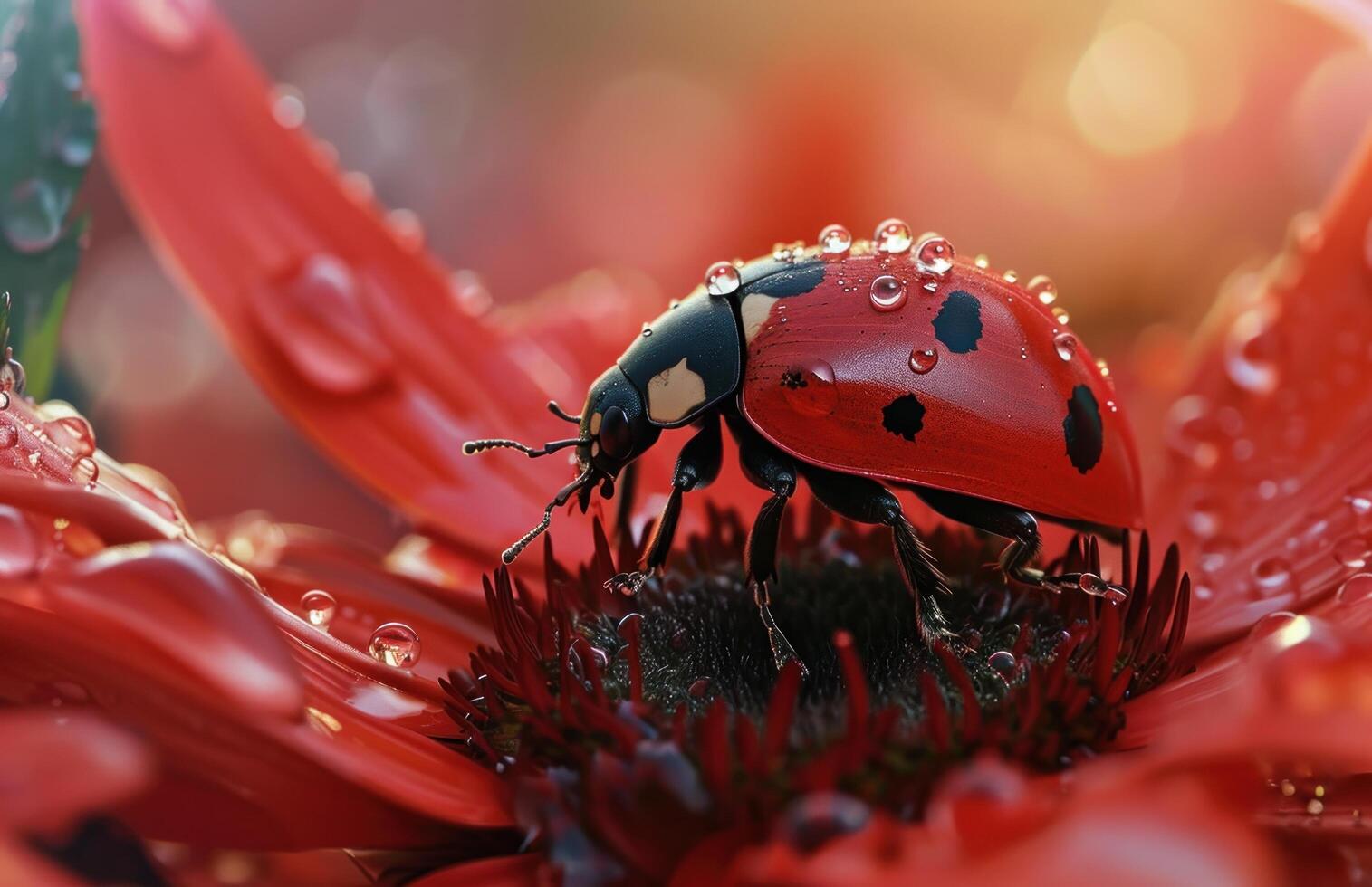 ai generato un' rosso signora scarafaggio è seduta su superiore di un' rosso fiore foto