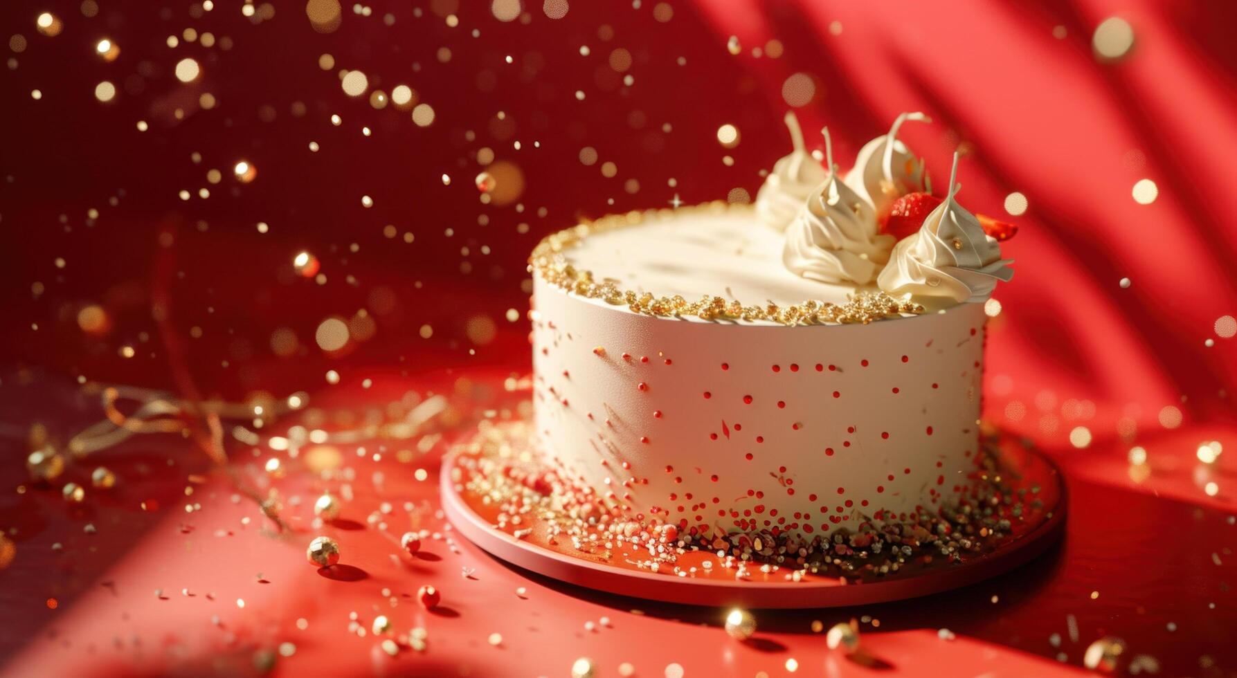 ai generato un' bianca colorato compleanno torta seduta su un' rosso sfondo foto