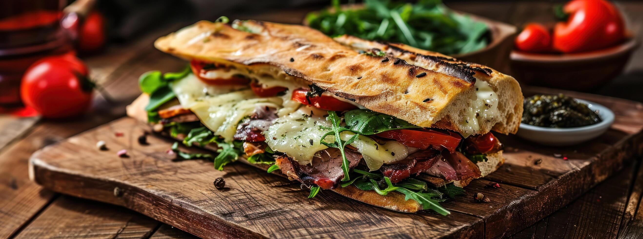 ai generato un' Sandwich con carne, formaggio e verdure su un' di legno tavola foto