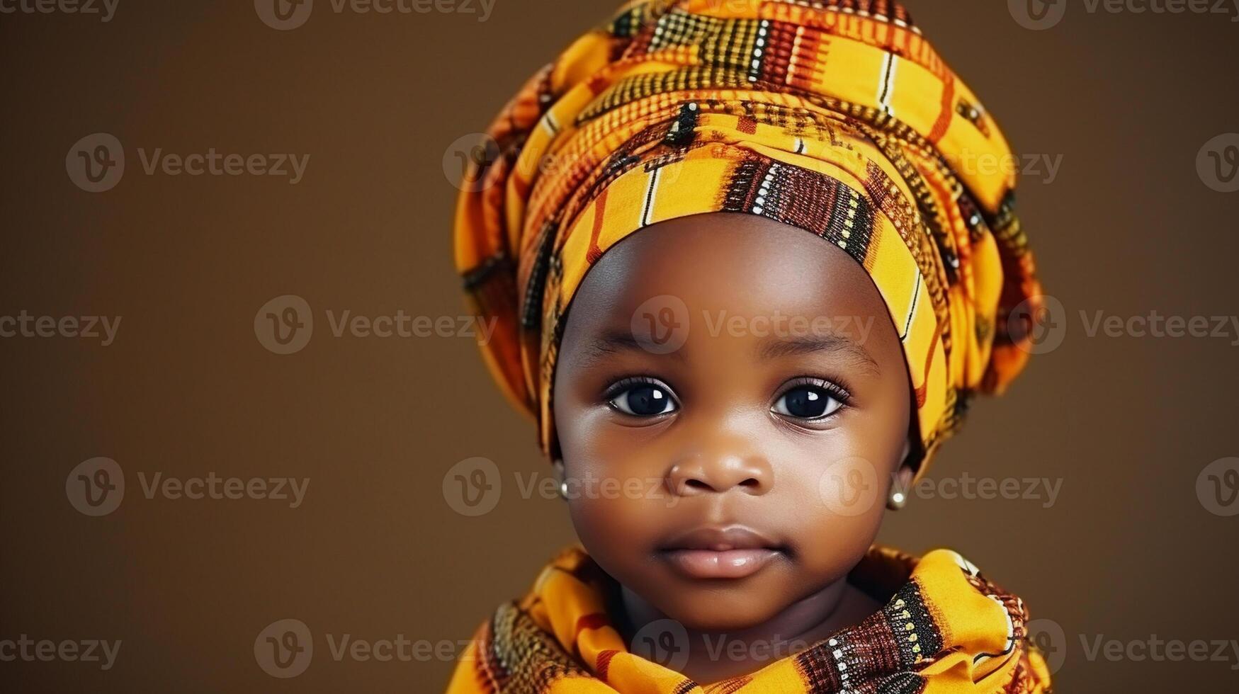 ai generato africano maturo bambino ragazzo nel tradizionale Abiti ritratto. tradizionalmente vestito nel colorato capi di abbigliamento e testa avvolgere. nero storia mese concetto. foto