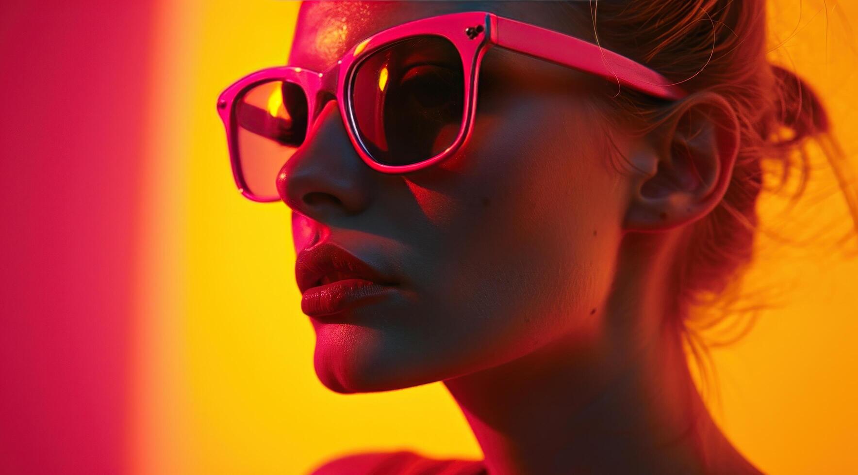ai generato femmina modello nel rosa occhiali da sole foto