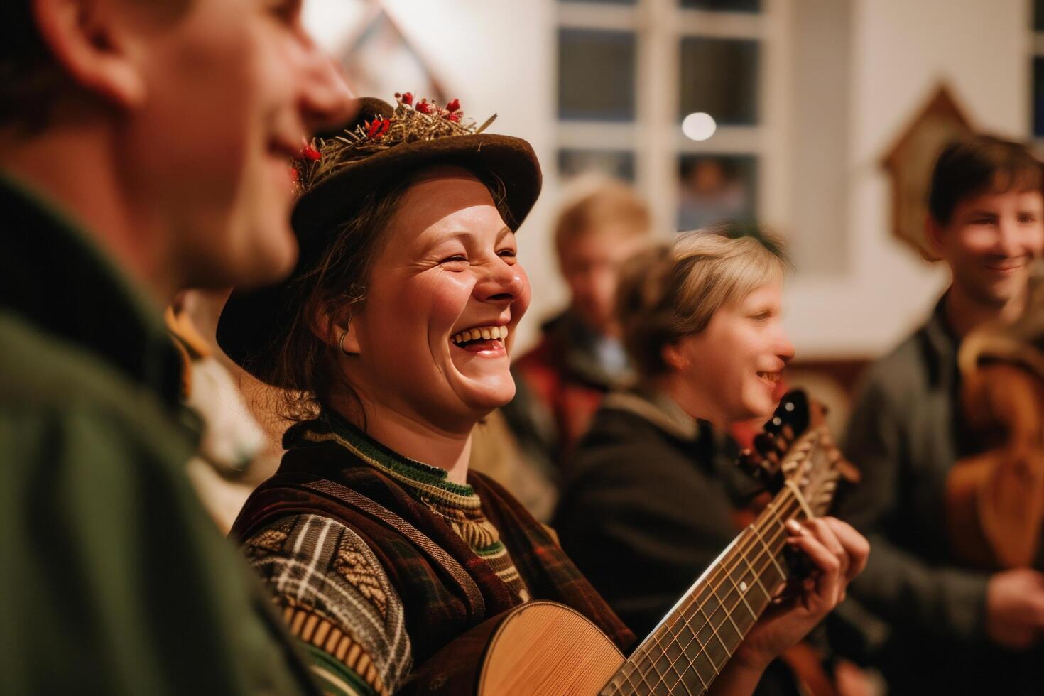 ai generato persone sorridente mentre giocando canzoni a un' tradizionale Tedesco danza, foto