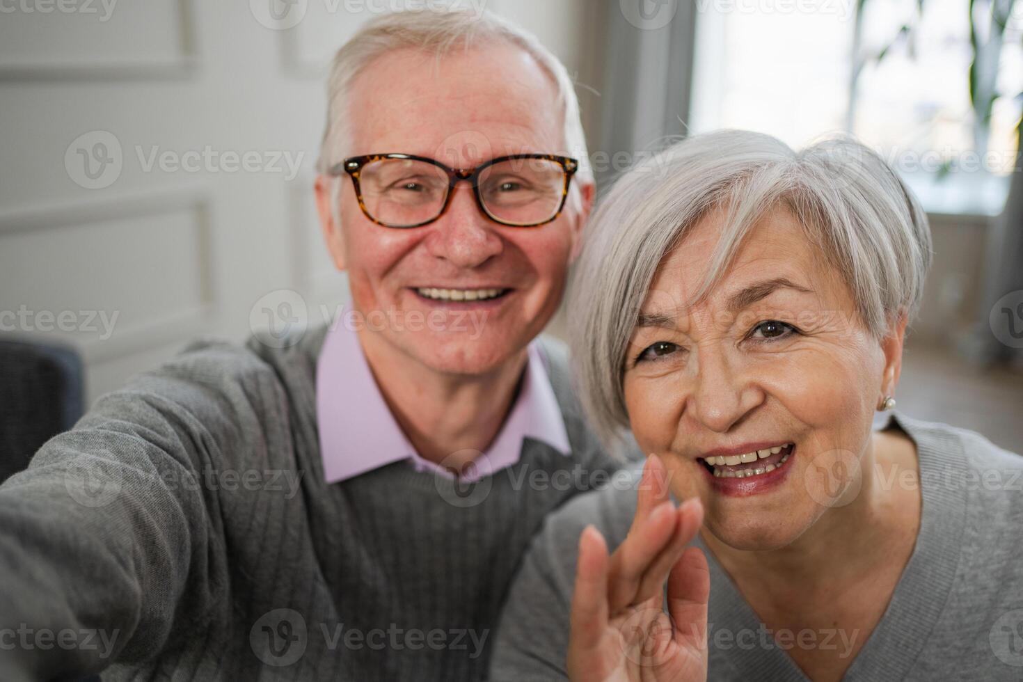 contento anziano donna uomo parlare su video chiamata con amici famiglia. maturo vecchio nonna nonno parlando A proposito di con cresciuto su bambini in linea. più vecchio generazione moderno Tech utilizzo. web camera Visualizza foto