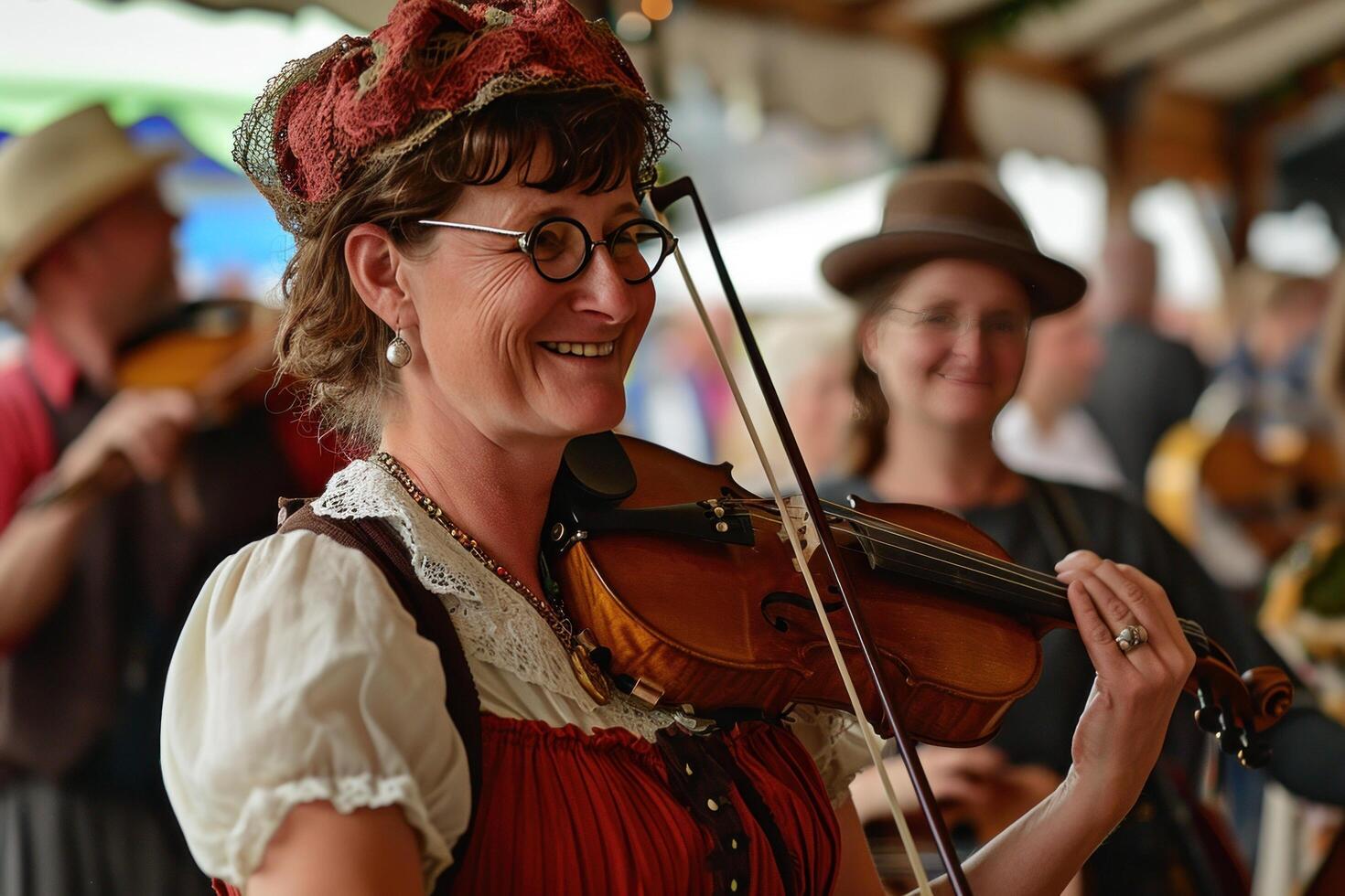 ai generato persone sorridente mentre giocando canzoni a un' tradizionale Tedesco danza, foto