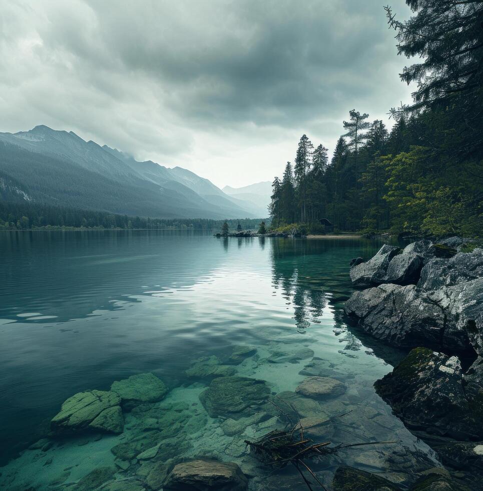 ai generato foto di un' lago nel il piovoso foresta contro montagne