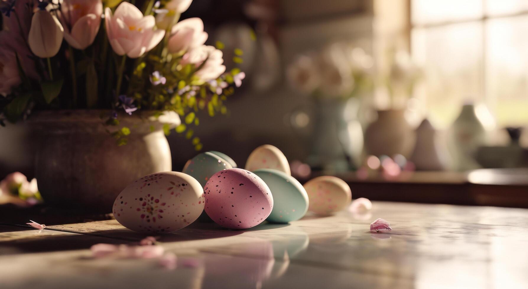 ai generato alcuni colorato Pasqua uova e fiori siamo disposte nel un' cucina foto