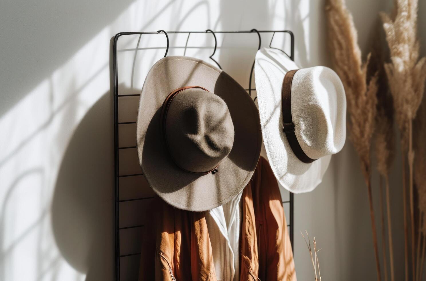 ai generato Due e Due cappelli su un' filo cremagliera foto