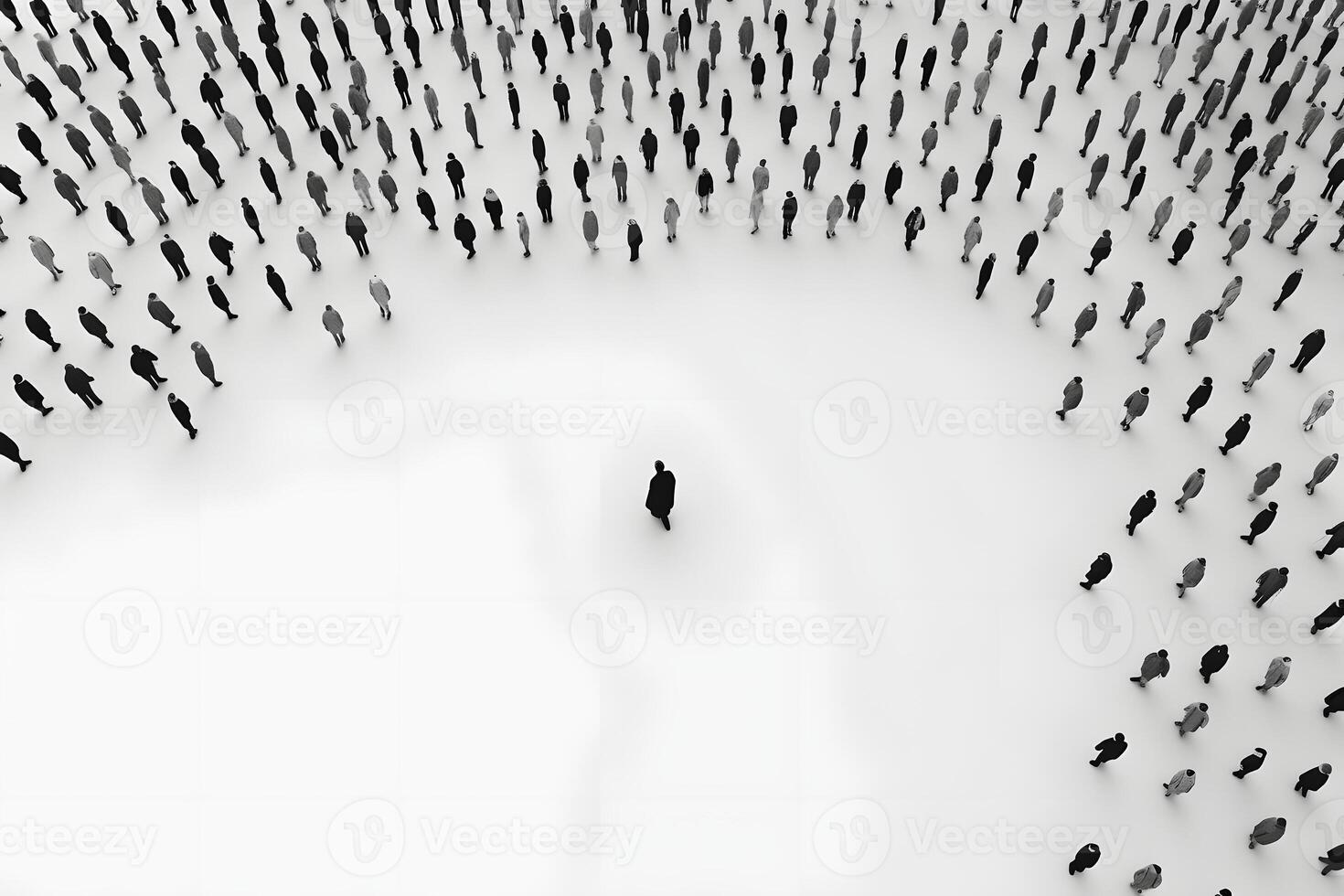 ai generato grande folla di persone su bianca sfondo su distanza in giro uno individuale, neurale Rete generato Immagine foto