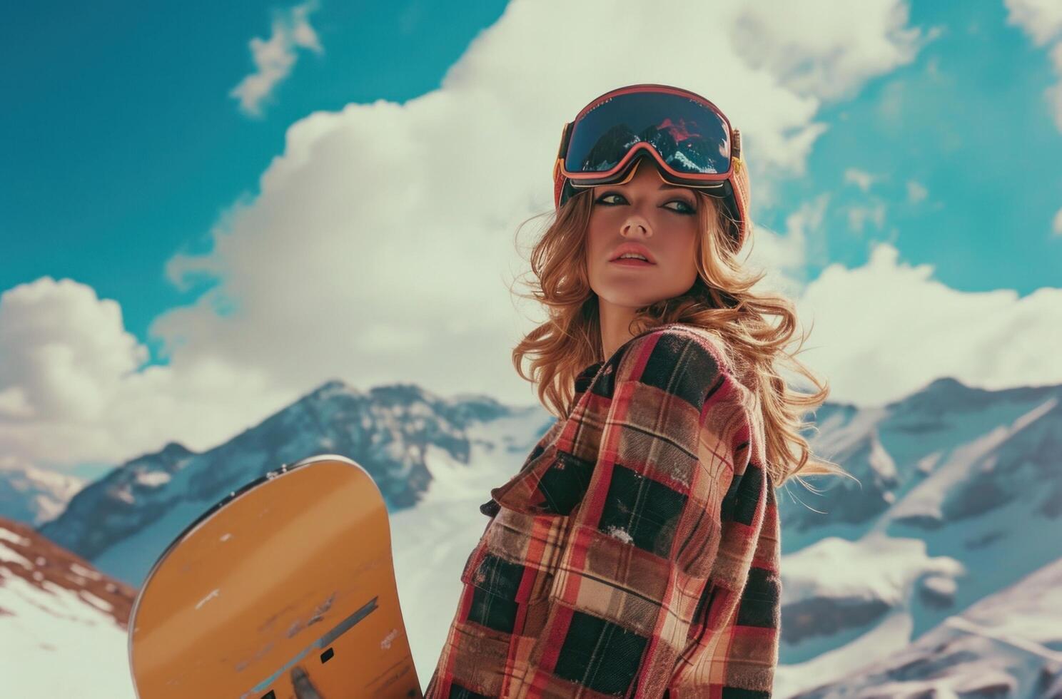ai generato il donna è in posa nel un' con un' Snowboard foto