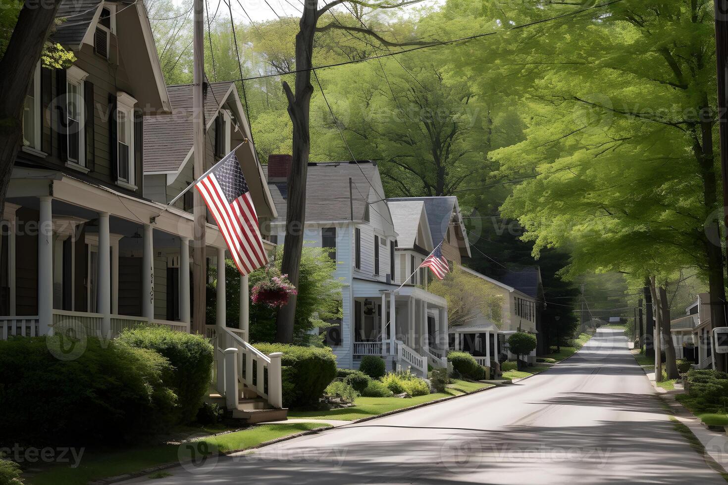 ai generato quartiere. Stati Uniti d'America bandiera agitando su un' silenzioso principale strada con americano sognare case, neurale Rete generato fotorealistico Immagine foto