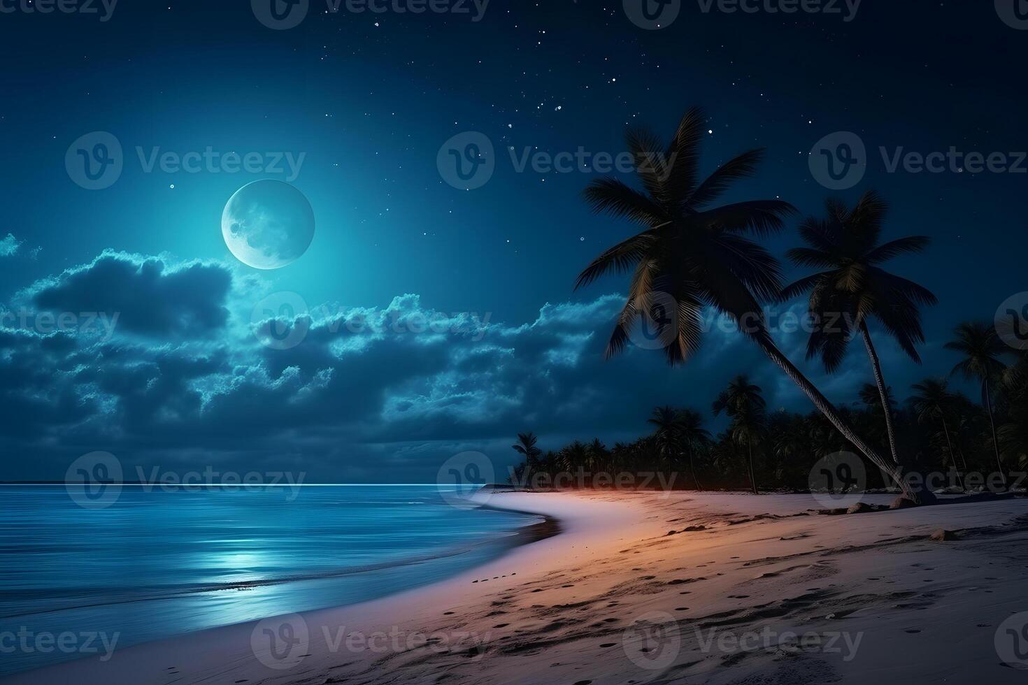 ai generato tropicale spiaggia Visualizza con bianca sabbia, turchese acqua e palma albero a pieno Luna notte, neurale Rete generato fotorealistico Immagine foto