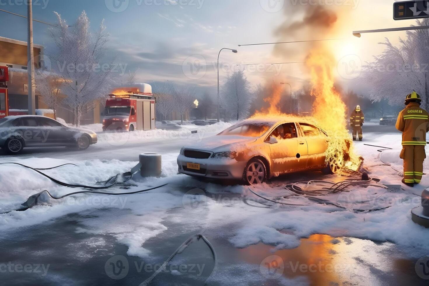 ai generato un' auto è su fuoco nel un' parcheggio lotto a inverno giorno, neurale Rete generato Immagine foto