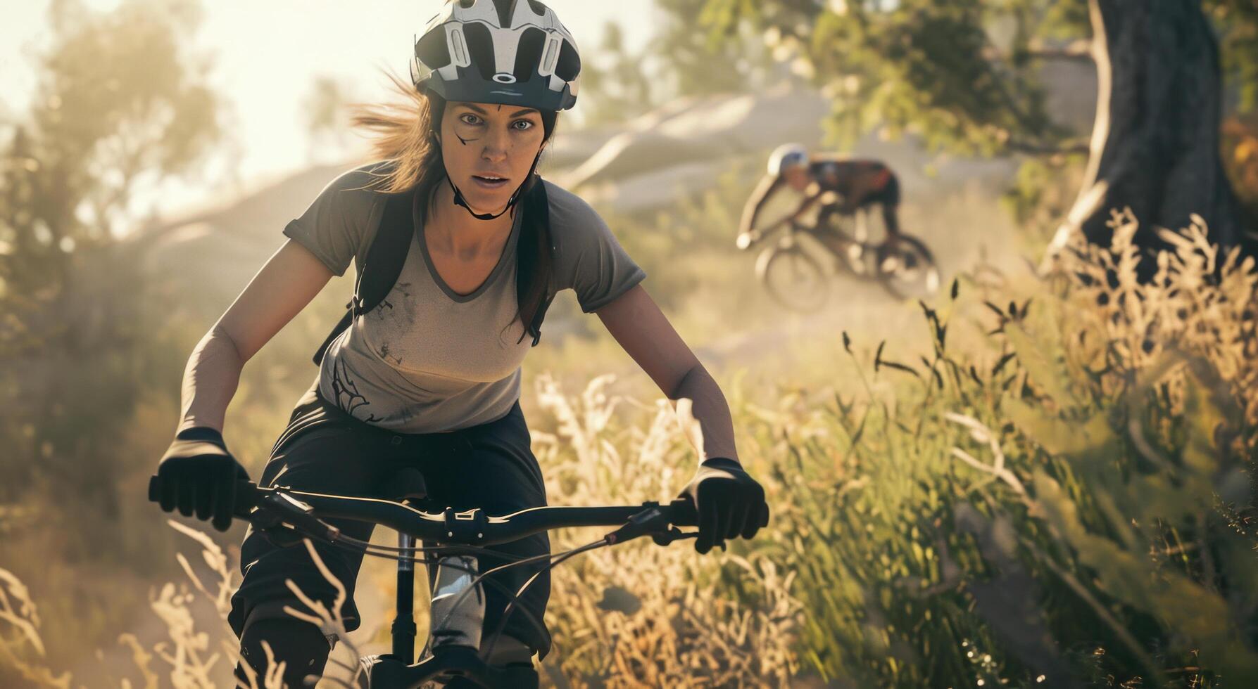 ai generato un' bellissimo donna equitazione un' montagna bicicletta nel il campagna foto