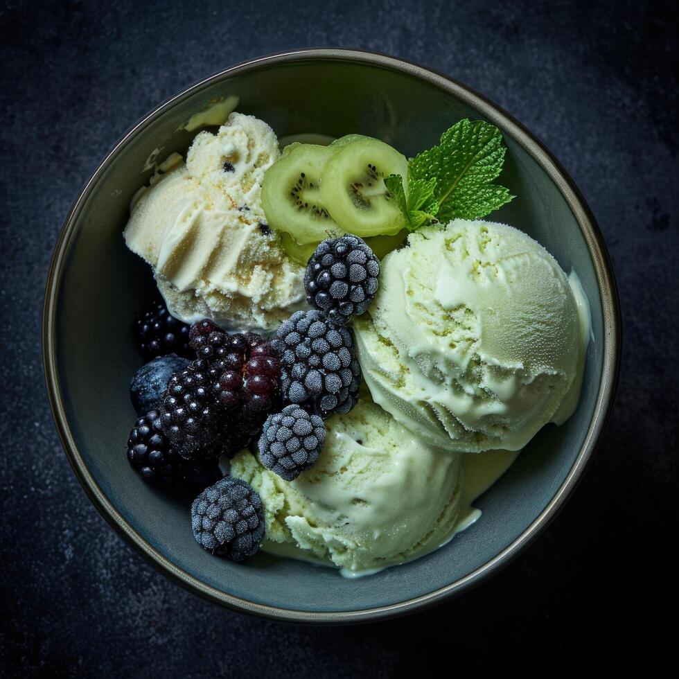 ai generato un' ciotola di ghiaccio crema con verde frutta e frutti di bosco foto