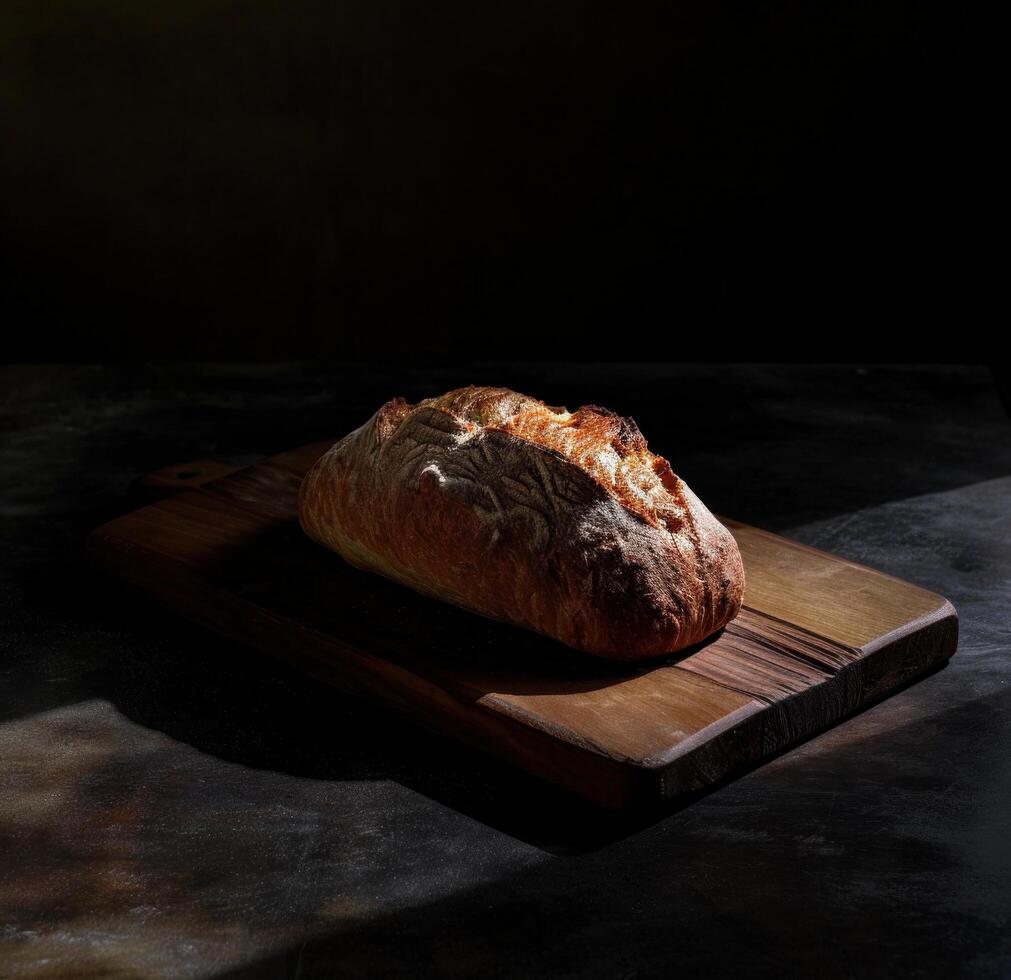 ai generato pagnotta di pane su un' di legno tavola foto