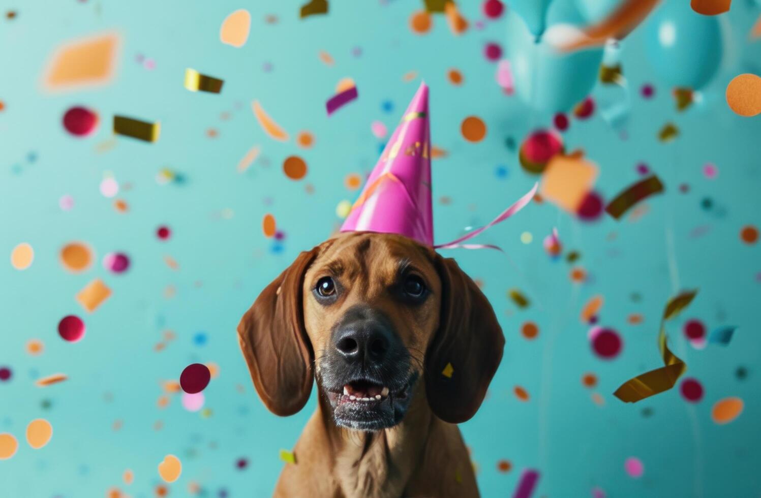 ai generato un' cane nel un' festa cappello su un' blu sfondo, animato gif foto