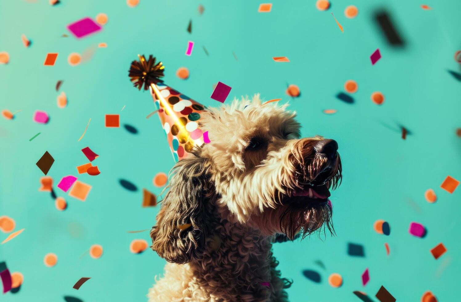 ai generato un' cane nel un' festa cappello su un' blu sfondo, animato gif foto