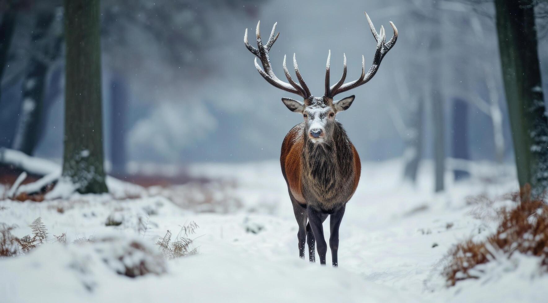 ai generato un' rosso cervo con grande corna e a piedi nel il neve foto