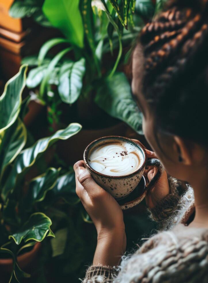 ai generato un' donna di testa è Tenere un' caffè tazza con bianca schiumogeno caffè al di sopra di pianta foto