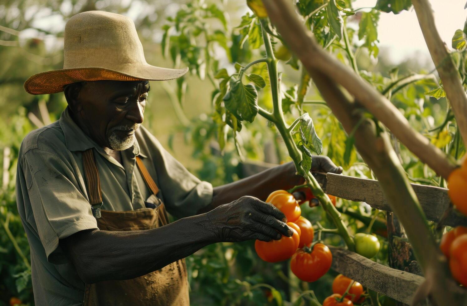 ai generato un vecchio contadino raccolta su pomodori nel il suo frutteto foto