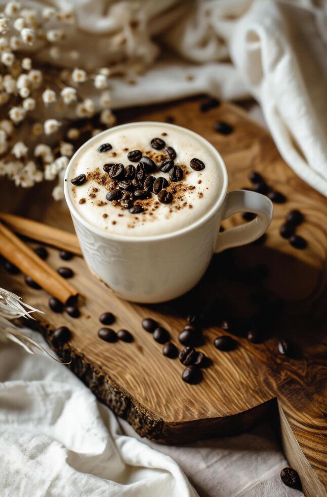 ai generato latte macchiato sormontato con caffè fagioli e cannella foto