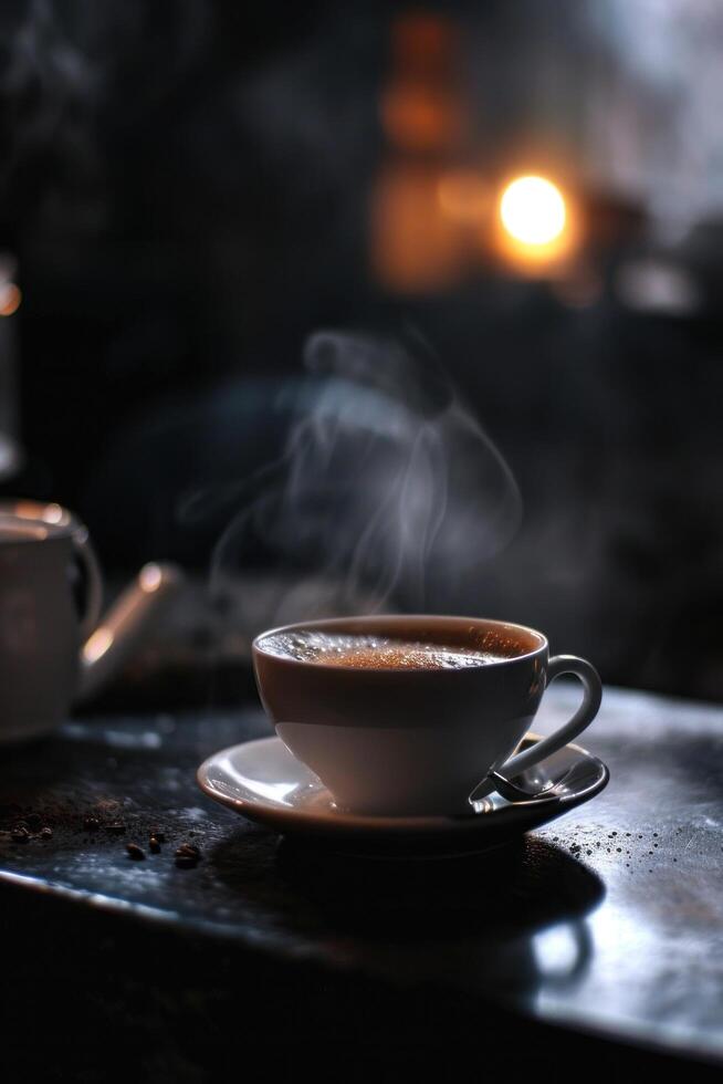 ai generato caldo caffè nel buio camera e nero tavolo foto