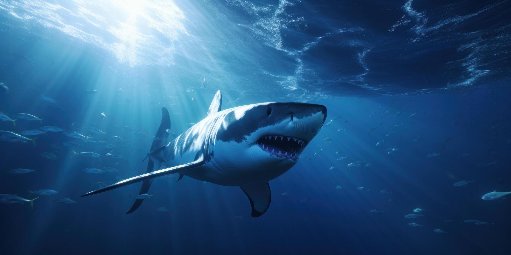 ai generato il grande bianca squalo è nuoto sotto oceano onda foto