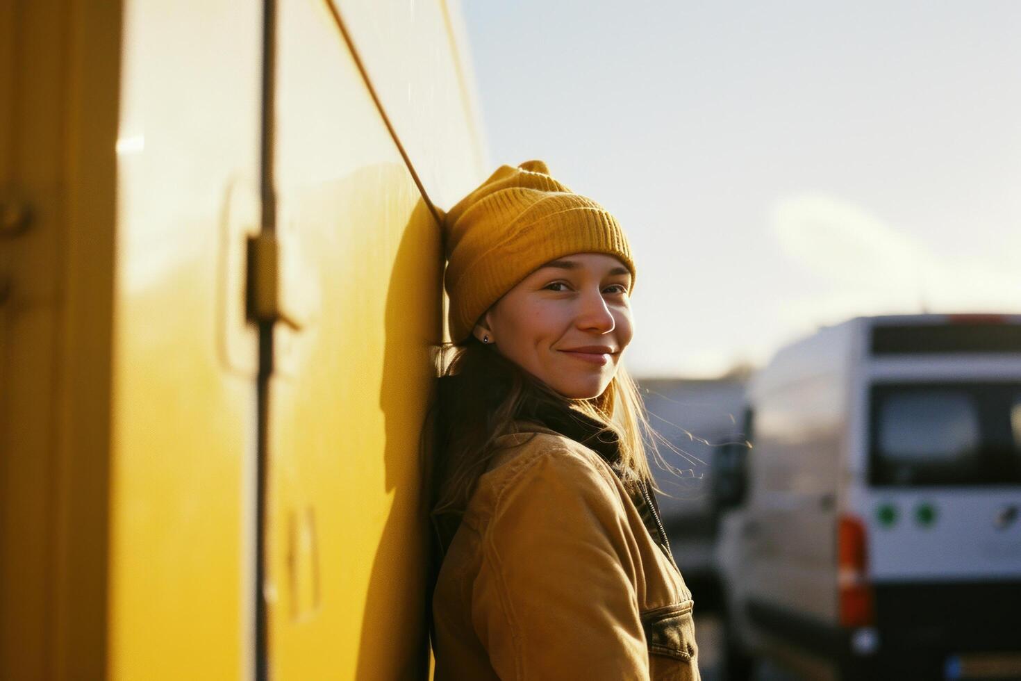 ai generato consegna donna Il prossimo per in movimento camion foto