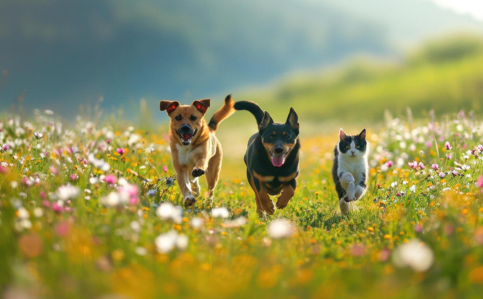 ai generato Due cani e un' gatto in esecuzione attraverso un' fiore campo foto