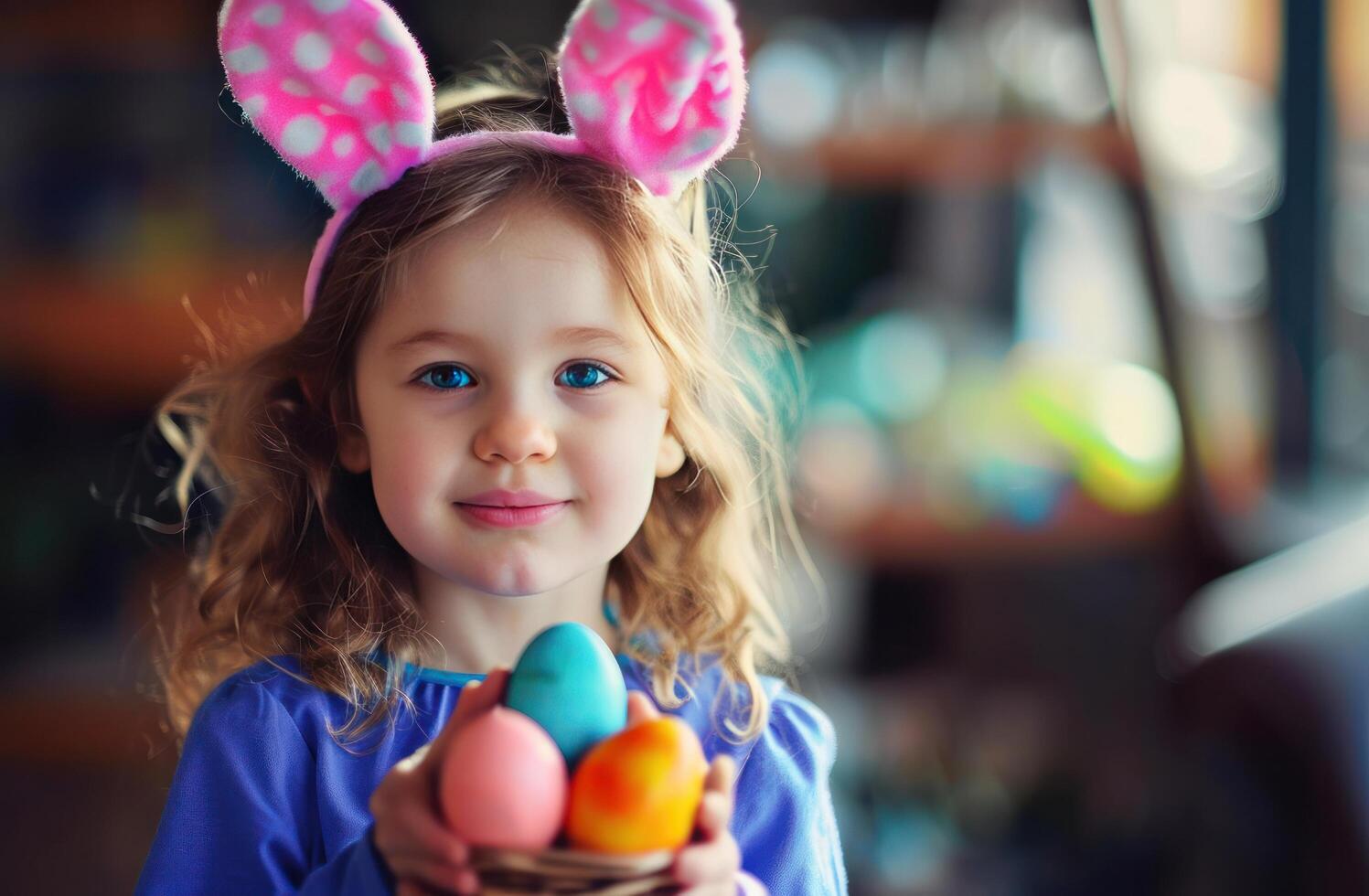 ai generato bambino nel Pasqua orecchie mostrando alcuni Pasqua uova foto