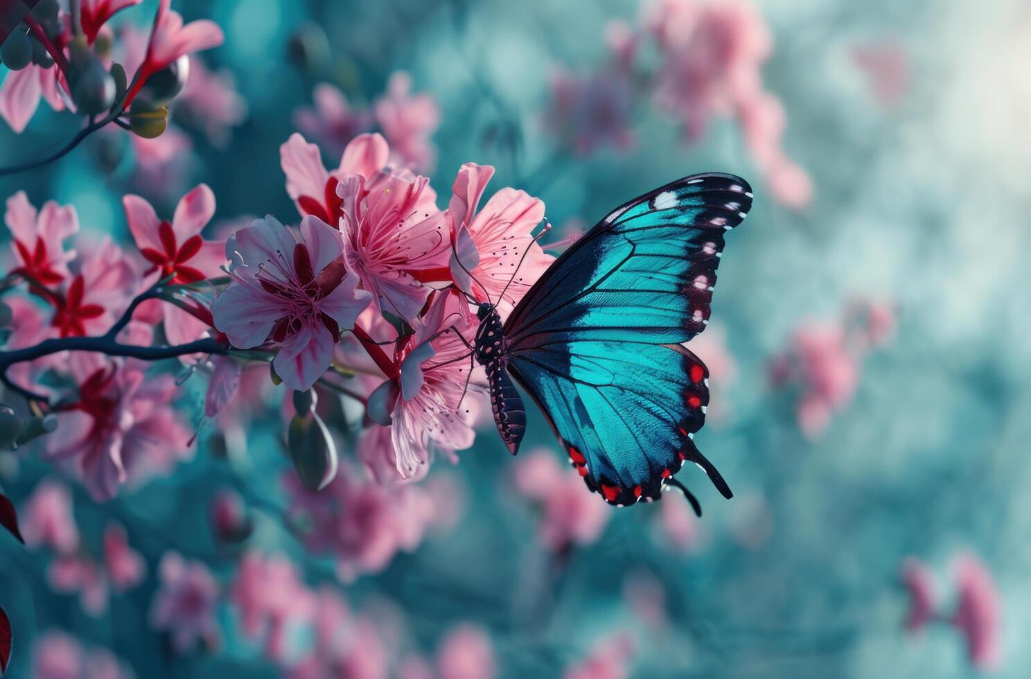 ai generato blu e rosa farfalla volante al di sopra di il fiore foto