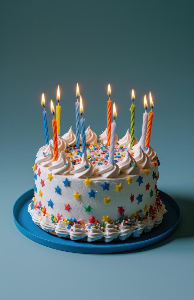 ai generato compleanno torta con molti compleanno candele su un' blu sfondo foto