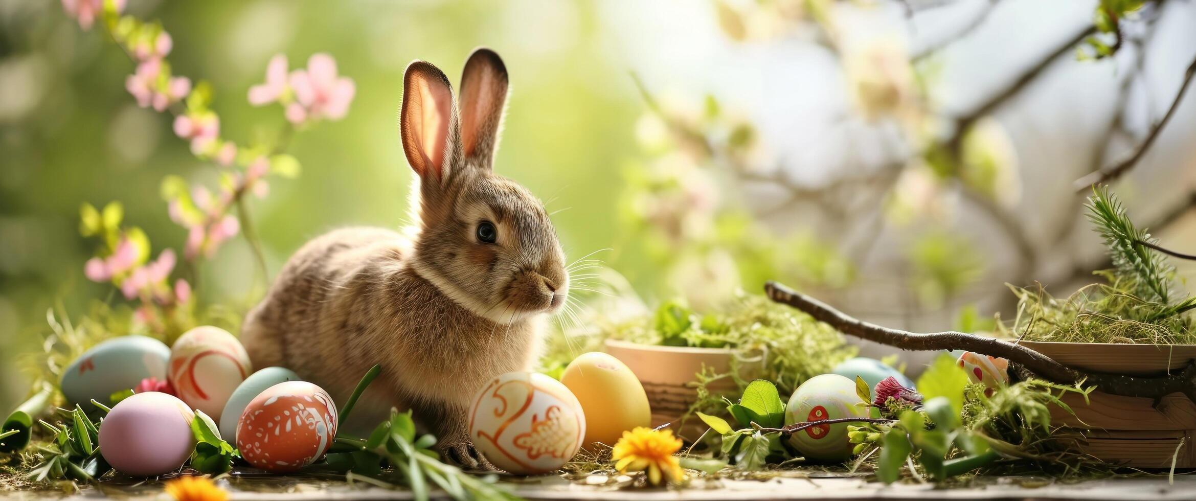 ai generato Pasqua coniglietto su un' tavolo nel naturale primavera giardino con Pasqua uova foto