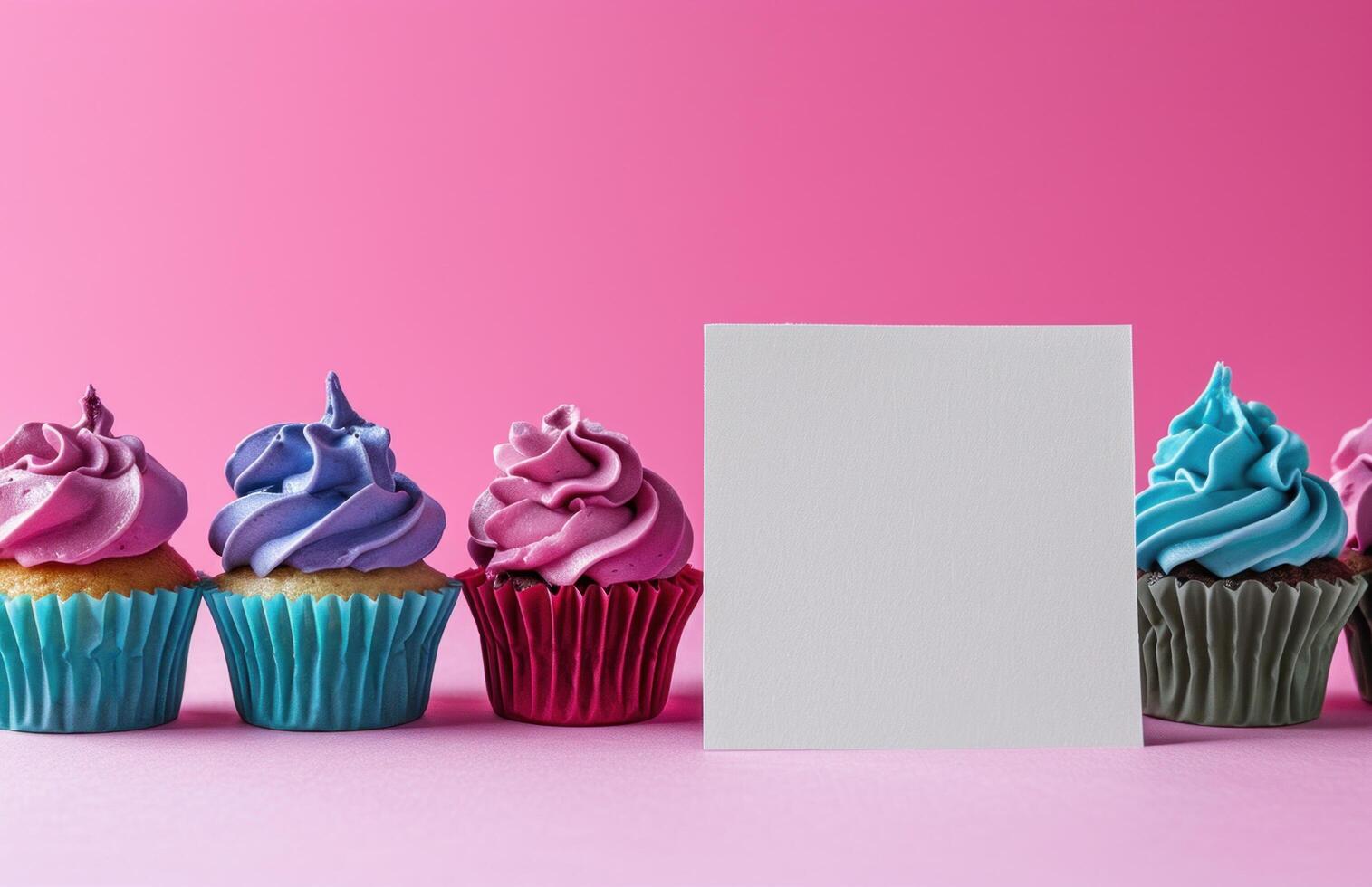 ai generato colorato cupcakes e cupcakes posto vicino un' bianca piazza bandiera foto