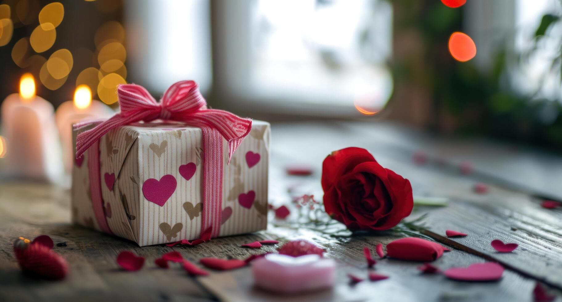 ai generato San Valentino regalo è posto su un' tavolo foto