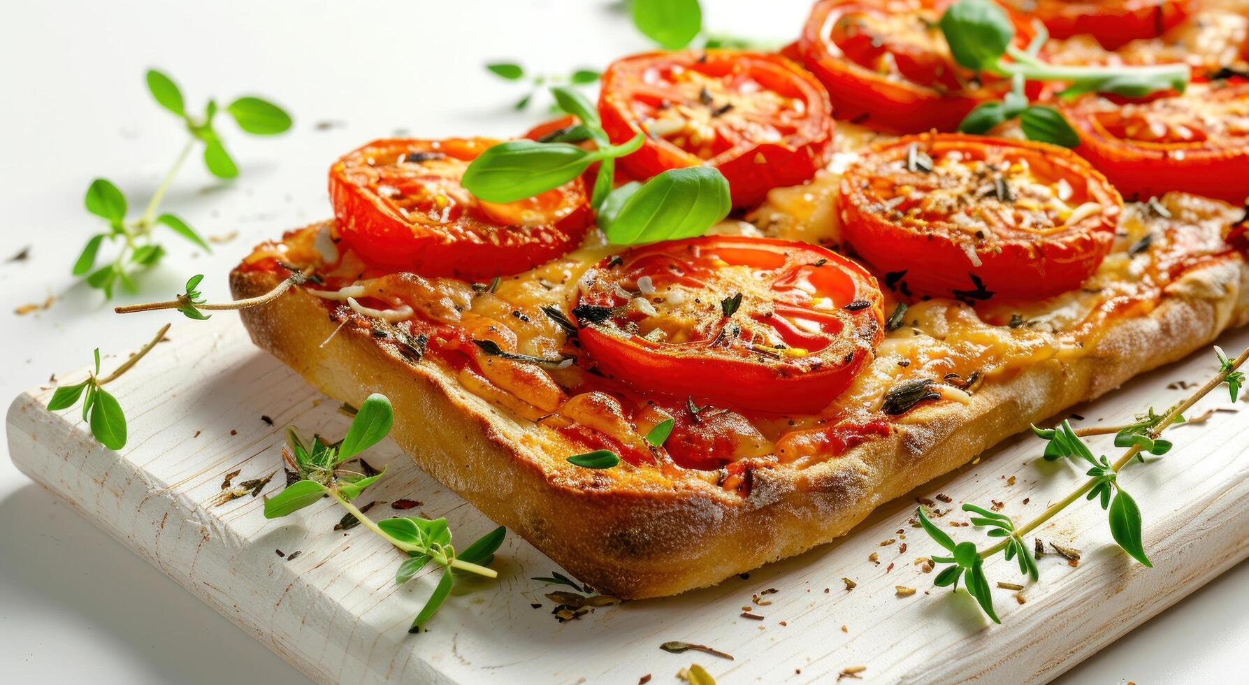 ai generato un' gratuito pane con pomodori, formaggio e erbe aromatiche su un' bianca sfondo foto