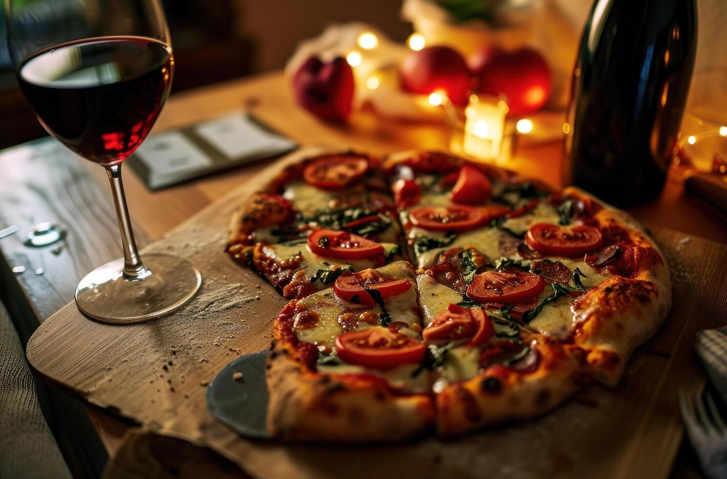 ai generato San Valentino giorno Pizza e vino regalo foto