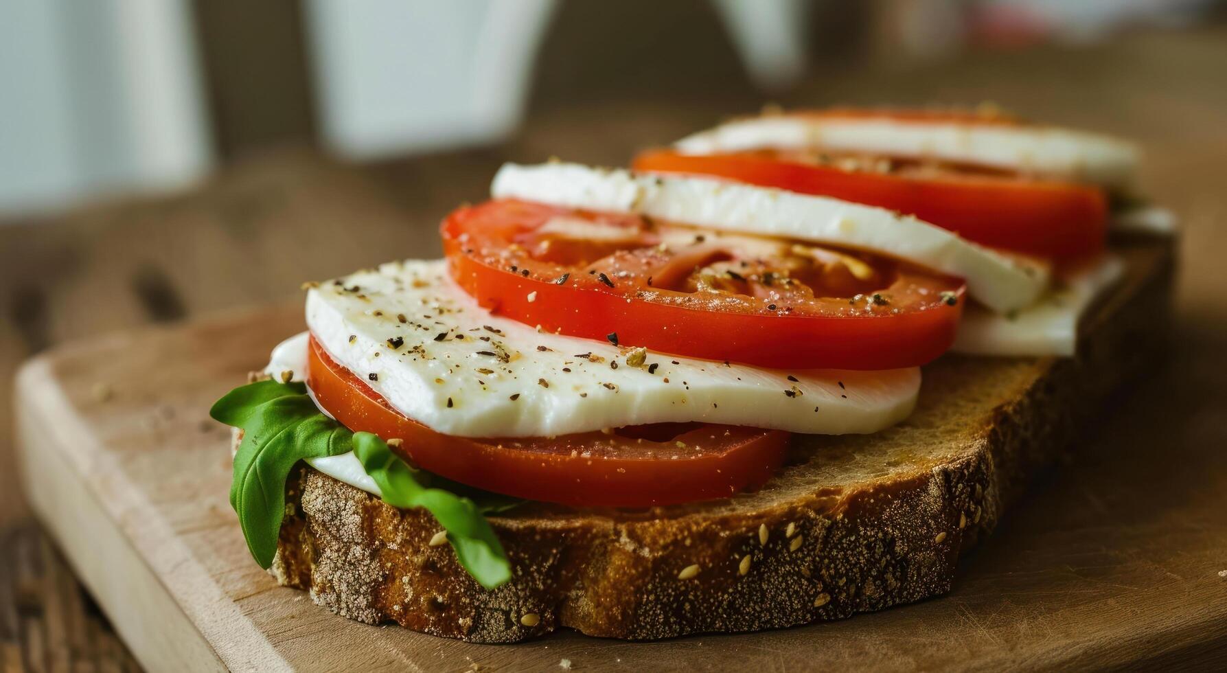 ai generato un' Sandwich con Mozzarella formaggio e pomodori su superiore foto