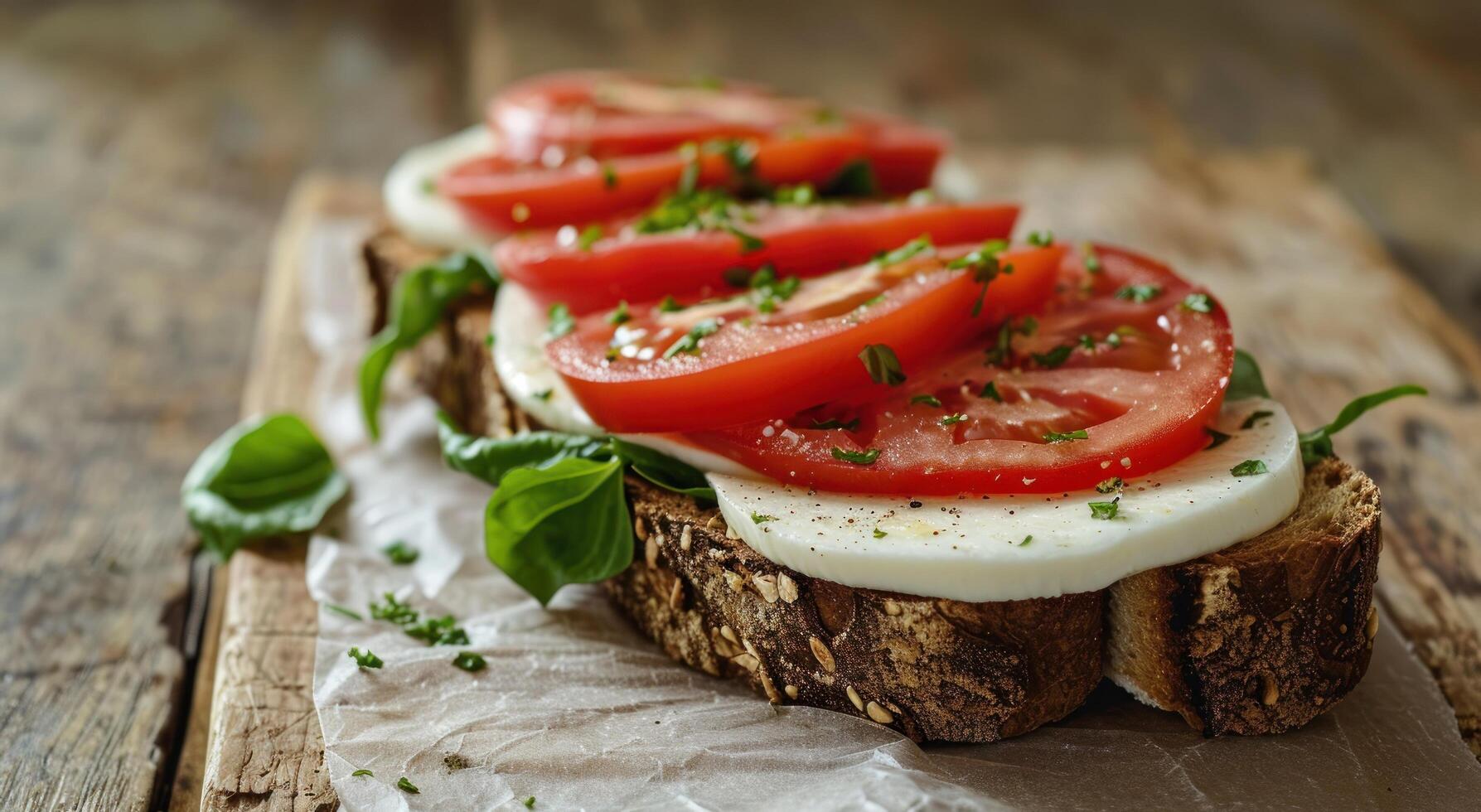 ai generato un' Sandwich con Mozzarella formaggio e pomodori su superiore foto