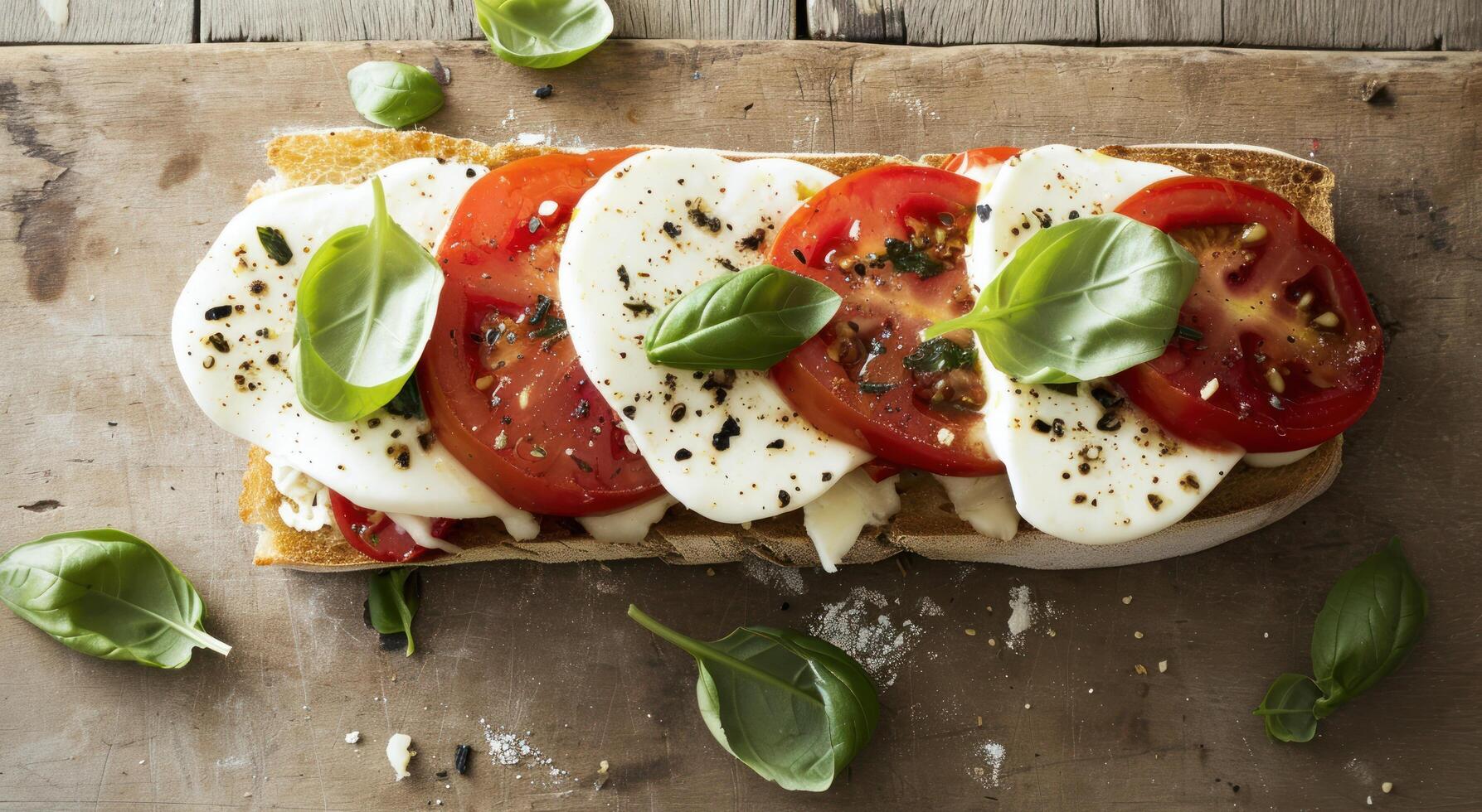 ai generato un' Sandwich con Mozzarella formaggio e pomodori su superiore foto