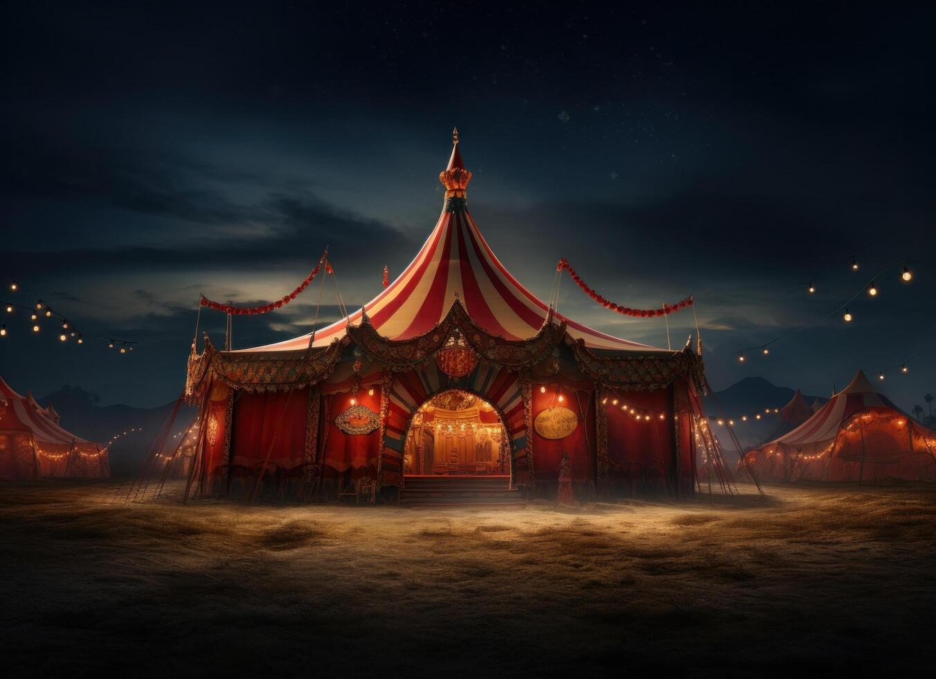 ai generato un' circo tenda illuminato su a notte, nel il deserto foto