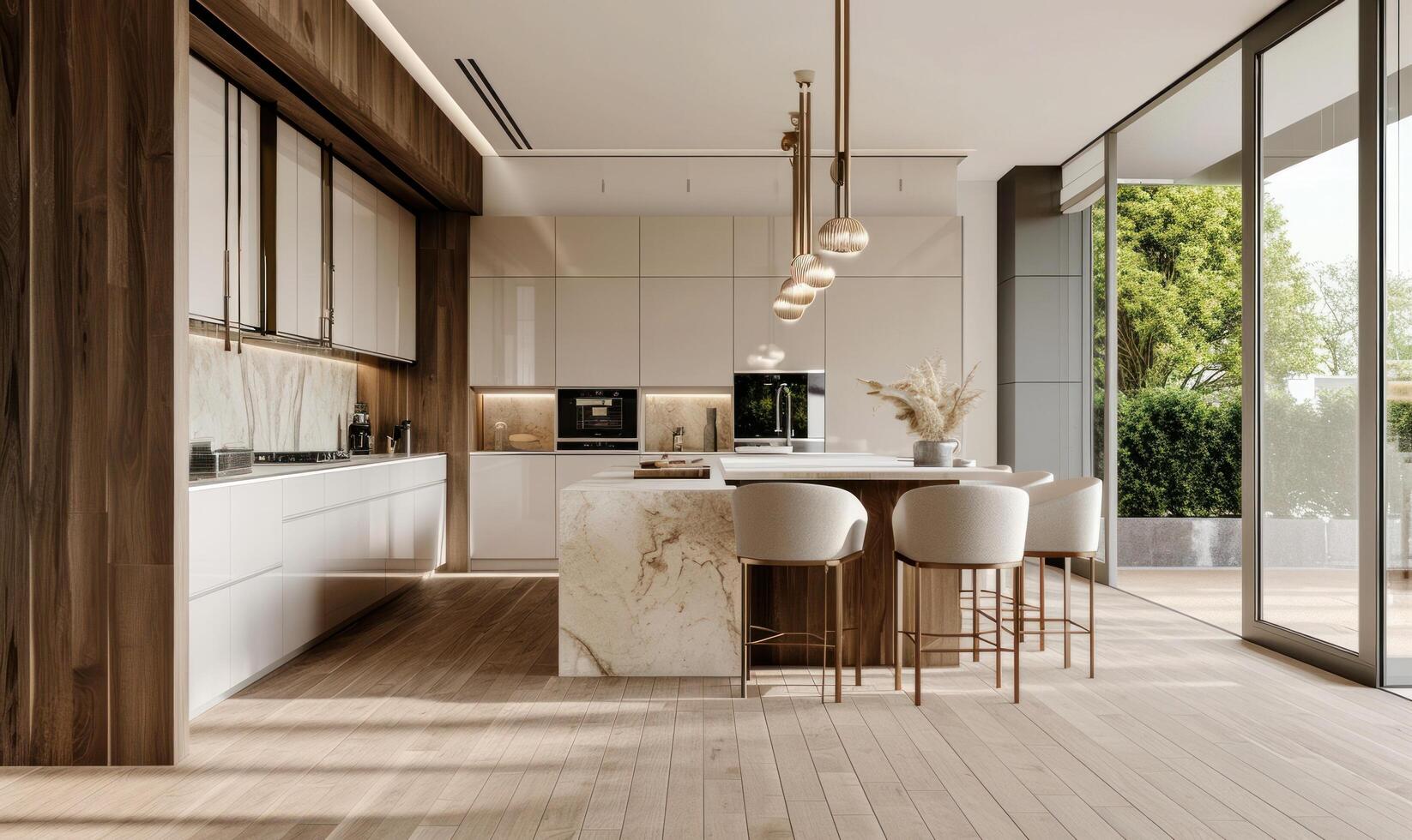 ai generato un Immagine di un' moderno cucina con legna piani e beige posti a sedere foto