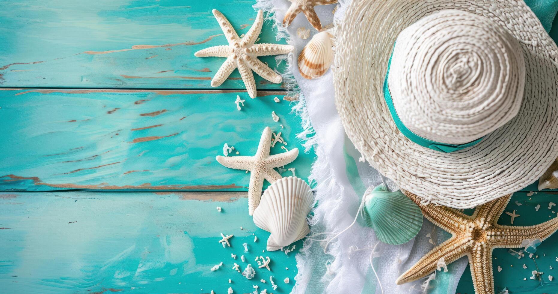 ai generato spiaggia stile, Accessori per primavera rompere, estate foto