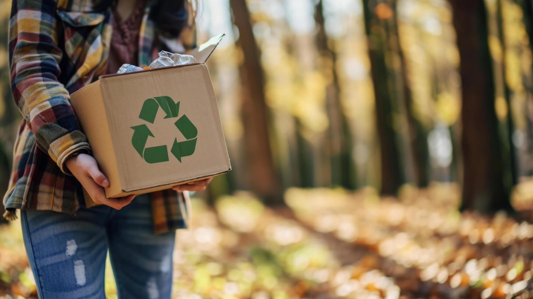 ai generato un' giovane ragazza Tenere un' scatola con un' plastica raccolta differenziata logo nel il parco foto