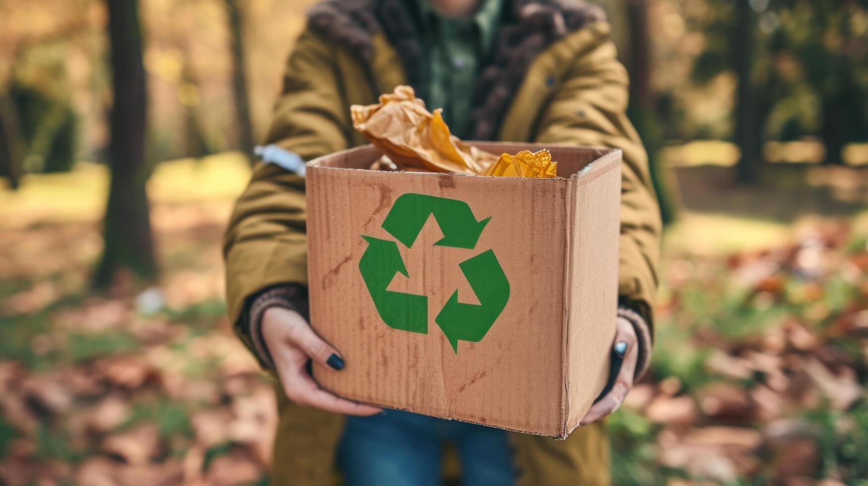 ai generato un' giovane ragazza Tenere un' scatola con un' plastica raccolta differenziata logo nel il parco foto