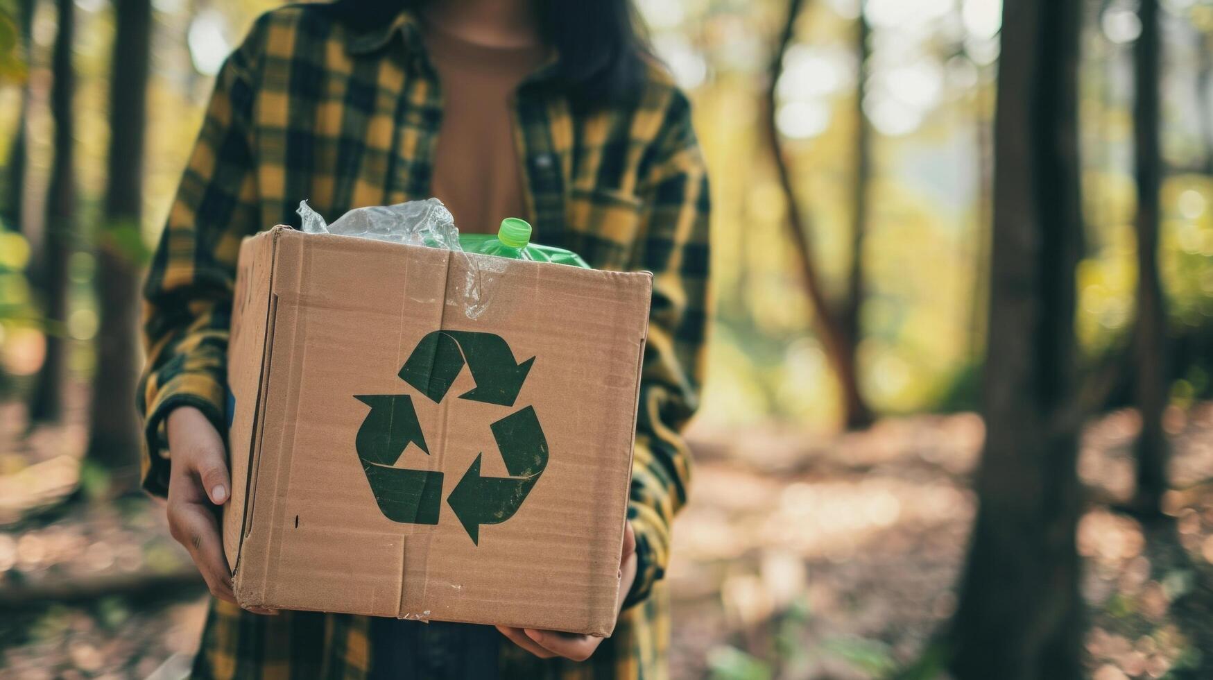 ai generato un' giovane ragazza Tenere un' scatola con un' plastica raccolta differenziata logo nel il parco foto