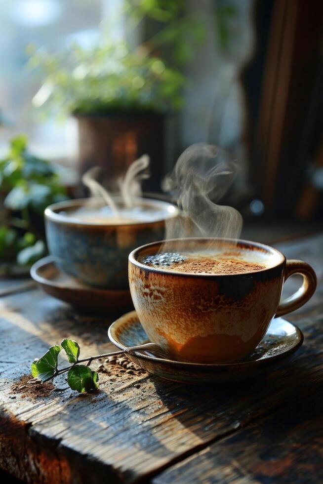 ai generato caffè sfondo con fumante tazze, delizioso atmosfera, foto